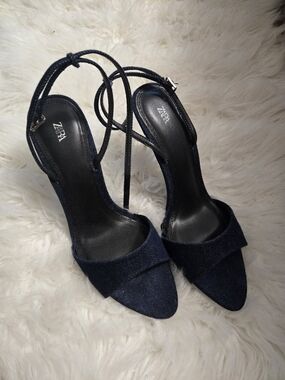 ZARA Navy Denim Ankle Strap High Heel Sandals